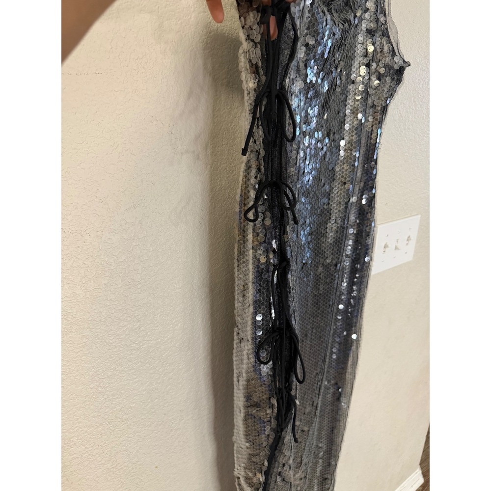 Topshop Sequin Mesh Side Tie Maxi Dress Silver US 10 Y2K Glam Festival Gown - Picture 4 of 10